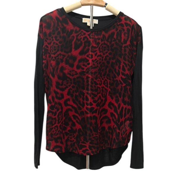 Michael Kors Red & Black Leopard Print Sheer Blouse Size Small Long Sleeve Top - Picture 2 of 10